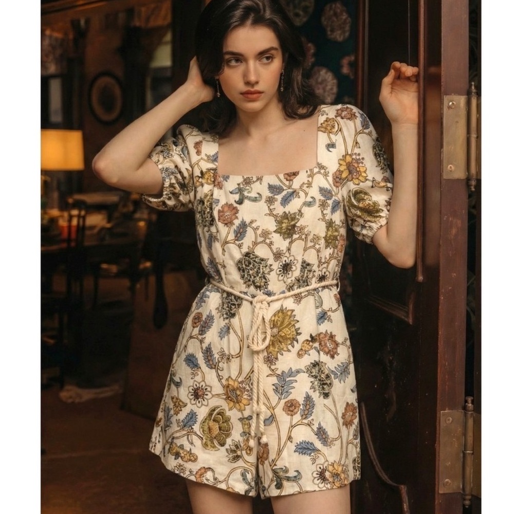 Calypso St. Barth Vintage Floral Linen Cotton Romper w/ Belt, Pockets NWOT Sz 12